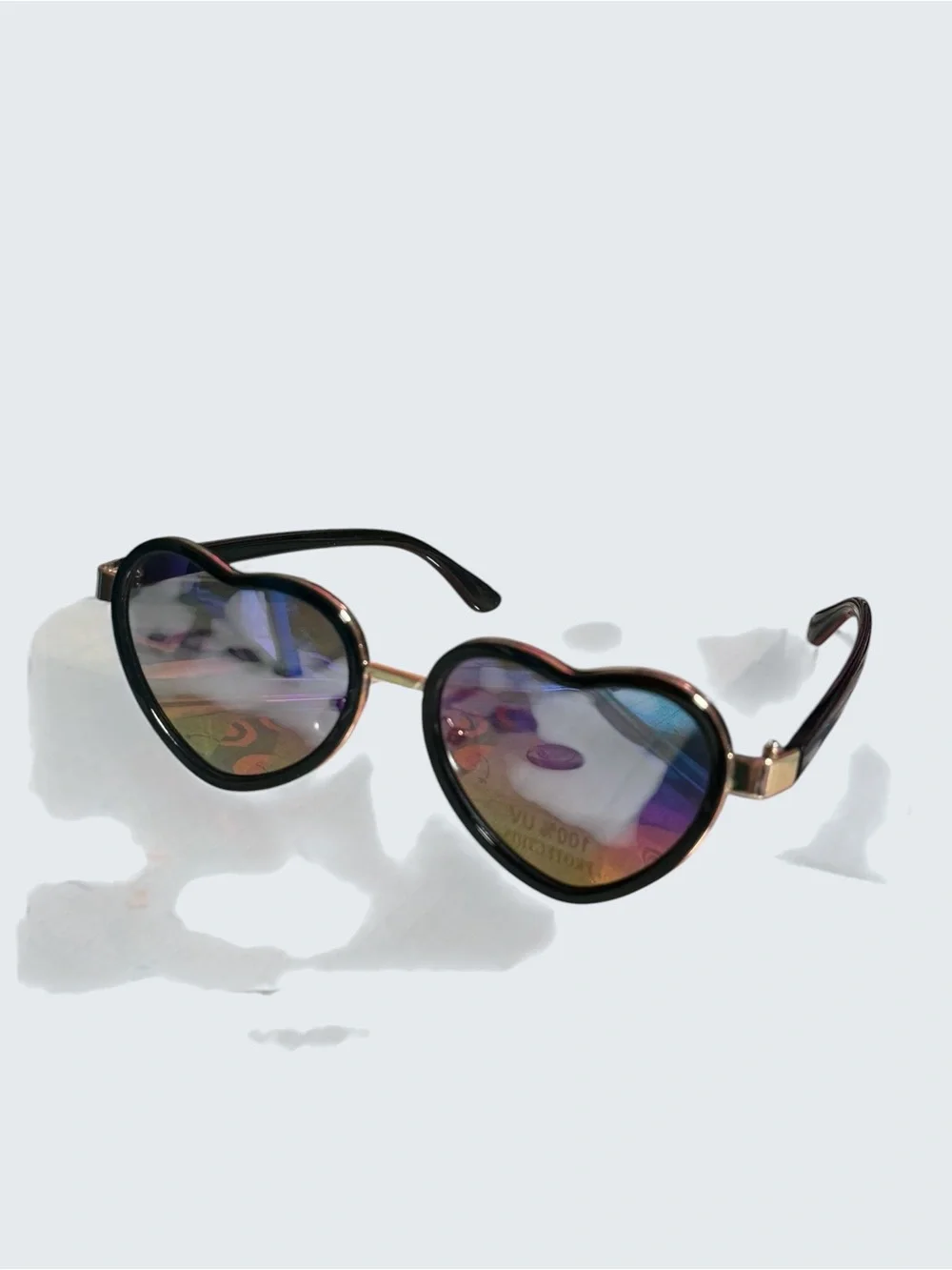 KIDS Heart-Shaped Mirrored Sunglasses - Black Frame, Rainbow Lenses